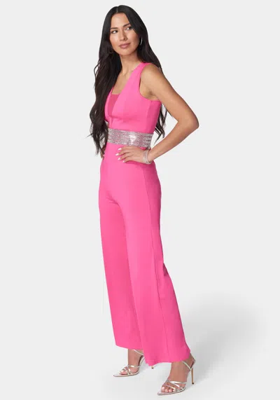 Shop Bebe Embellished Wide Leg Jumpsuit In Fuchsia Pink