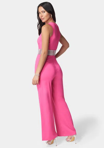 Shop Bebe Embellished Wide Leg Jumpsuit In Fuchsia Pink