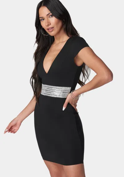 Bebe Embellished Waist Mini Dress In Black,silver