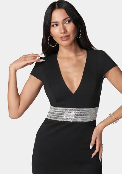 Bebe Embellished Waist Mini Dress In Black,silver