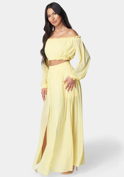Bebe High Slit Two Piece Mesh Dress In Butter