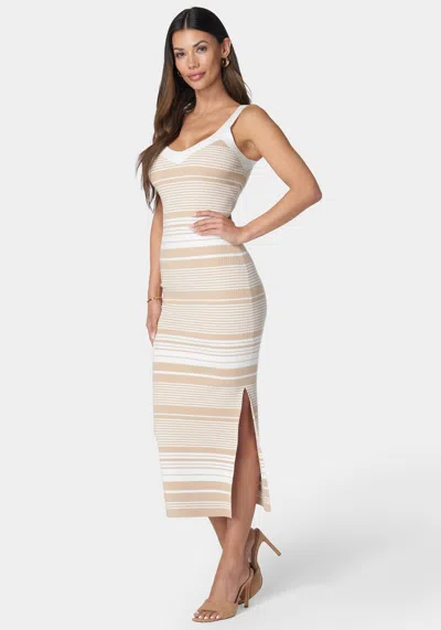 Bebe Striped Sweater Midi Dress In Camel,white