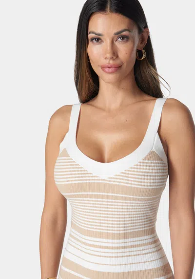 Bebe Striped Sweater Midi Dress In Camel,white