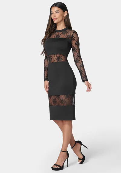 Shop Bebe Multi Lace Inset Midi Dress In Black