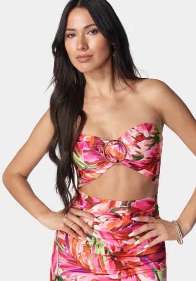 Bebe Printed Front Cutout Midi Dress In Watercolor Palm