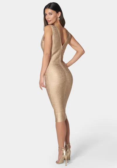 Shop Bebe Foiled Bandage Metallic Dress In Champagne