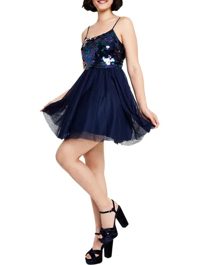 Shop City Studio Juniors Womens Sequined Mini Fit & Flare Dress In Blue