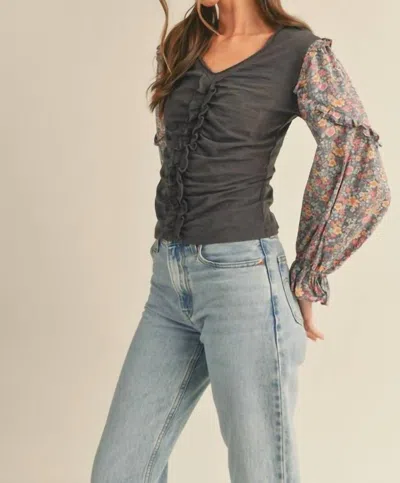 Merci Floral Puff Sleeve Ruched Top - Graphite Grey In Grey