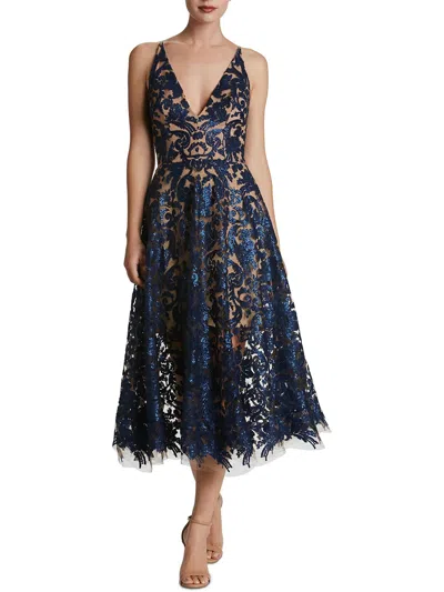 Shop Dress The Population Blair Womens Lace Sequined Midi Dress In Blue