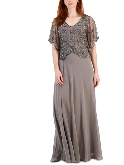 Shop Jkara Womens Sequined Scalloped Evening Dress In Grey