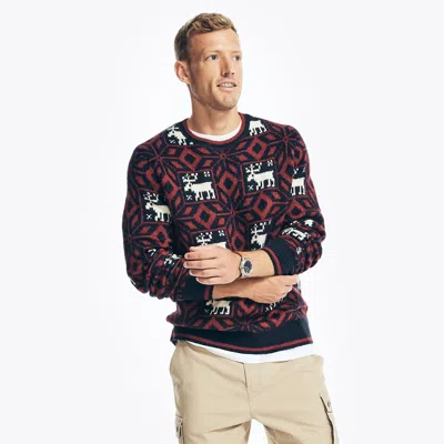 Shop Nautica Mens Reissue Moose Print Crewneck Sweater In Blue