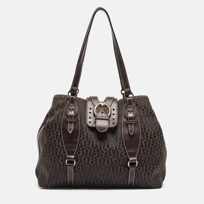 Shop Aigner Dark Monogram Canvas And Leather Buckle Flap Tote In Grey