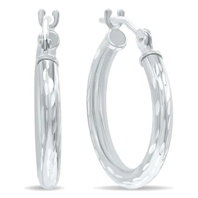Shop Sselects 14k White Gold Shiny Diamond Cut Engraved Hoop Earrings 16mm In Silver
