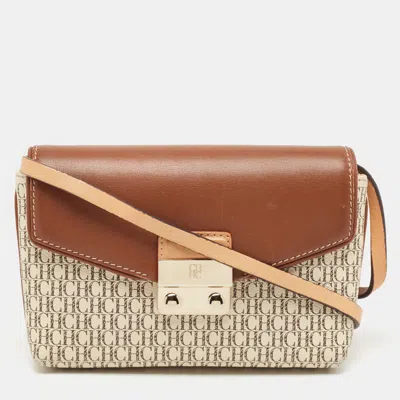 Shop Ch Carolina Herrera /offmonogram Coated Canvas And Leather Crossbody Bag In Beige