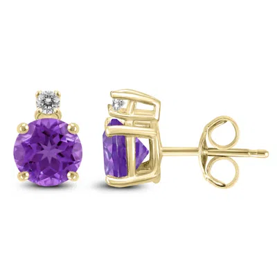 Shop Sselects 14k 6mm Round Amethyst And Diamond Earrings In Purple