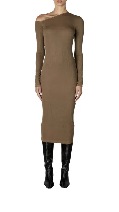 Shop Enza Costa Silk Rib Midi Dress In Fatigue In Brown