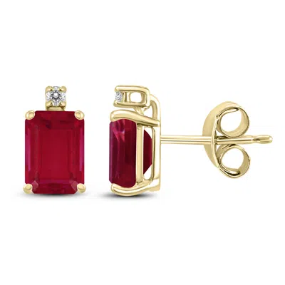Shop Sselects 14k 5x3mm Emerald Shaped Ruby And Diamond Earrings In Red