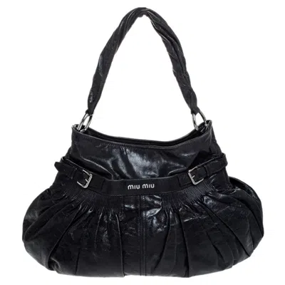 Shop Miu Miu Navy Leather Gathered Hobo In Black