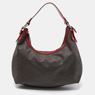 Shop Cerruti 1881 Dark /red Monogram Coated Canvas And Leather Hobo In Grey