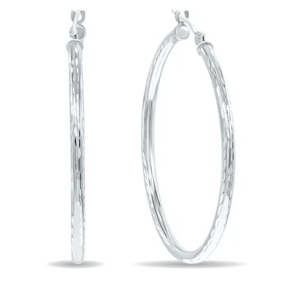 Shop Sselects 10k White Gold Shiny Diamond Cut Engraved Hoop Earrings 35mm In Silver