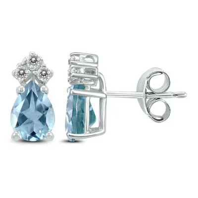 Shop Sselects 14k 5x3mm Pear Aquamarine And Three Stone Diamond Earrings In Blue