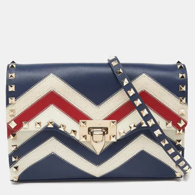 Shop Valentino Color Chevron Leather And Canvas Rockstud Crossbody Bag In Blue