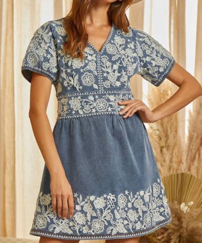 Shop Savanna Jane Embroidered Denim Fit And Flare Dress In Light Wash Denim In Blue