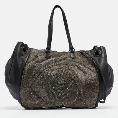 Shop Valentino /metallic Leather Sequins Floral Hobo In Grey