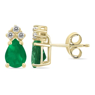 Shop Sselects 14k 6x4mm Pear Emerald And Three Stone Diamond Earrings In Green