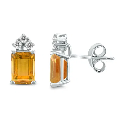 Shop Sselects 14k 6x4mm Emerald Shaped Citrine And Three Stone Diamond Earrings In Orange