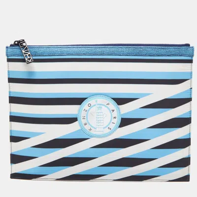 Shop Kenzo Color Striped Nylon And Leather A4 Zip Pouch In Blue