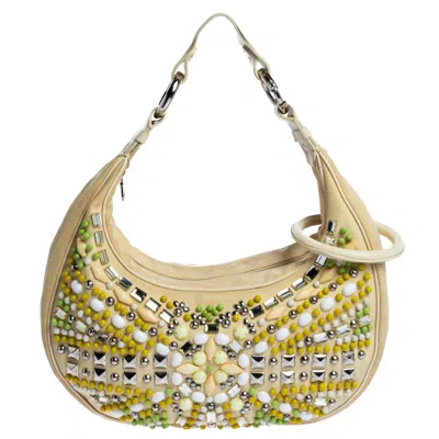 Shop Chloé Light Canvas And Leather Crystal Embellished Crescent Hobo In Multi