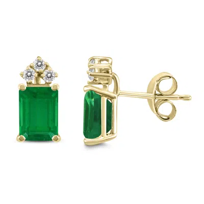 Shop Sselects 14k 6x4mm Emerald Shaped Emerald And Three Stone Diamond Earrings In Green