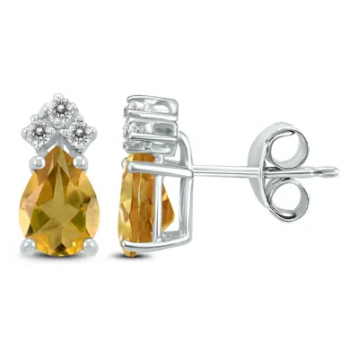 Shop Sselects 14k 7x5mm Pear Citrine And Three Stone Diamond Earrings In Orange