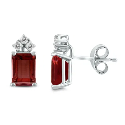 Shop Sselects 14k 8x6mm Emerald Shaped Garnet And Three Stone Diamond Earrings In Red