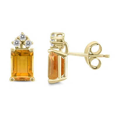 Shop Sselects 14k 8x6mm Emerald Shaped Citrine And Three Stone Diamond Earrings In Orange