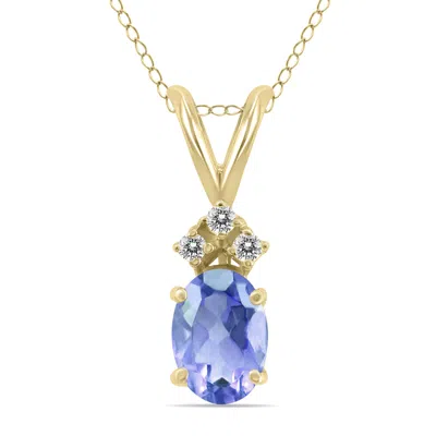 Shop Sselects 14k 6x4mm Oval Tanzanite And Three Stone Diamond Pendant In Blue