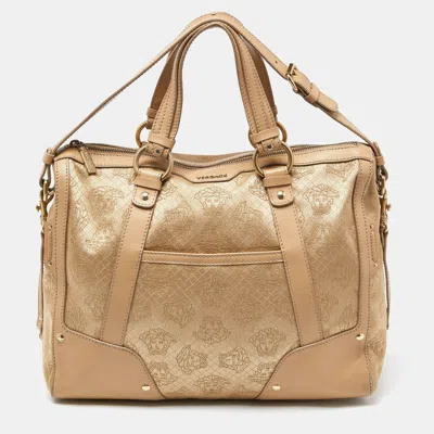 Shop Versace Signature Canvas And Leather Satchel In Gold