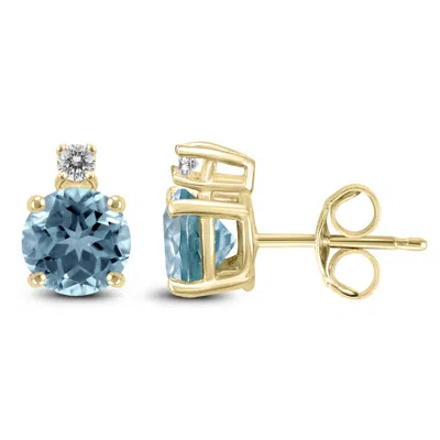 Shop Sselects 14k 5mm Round Aquamarine And Diamond Earrings In Blue