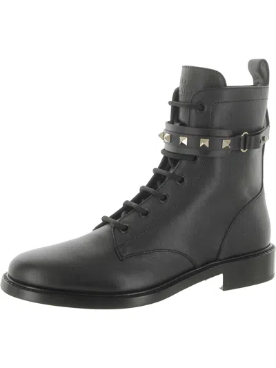 Valentino Womens Leather Studded Combat & Lace-up Boots In Grey
