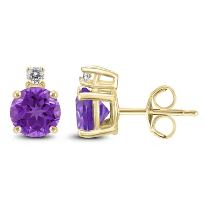 Shop Sselects 14k 5mm Round Amethyst And Diamond Earrings In Purple
