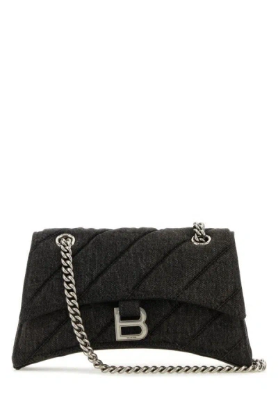Shop Balenciaga Woman Dark Grey Denim Crush S Shoulder Bag In Gray