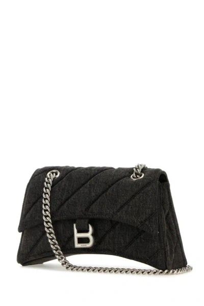 Shop Balenciaga Woman Dark Grey Denim Crush S Shoulder Bag In Gray