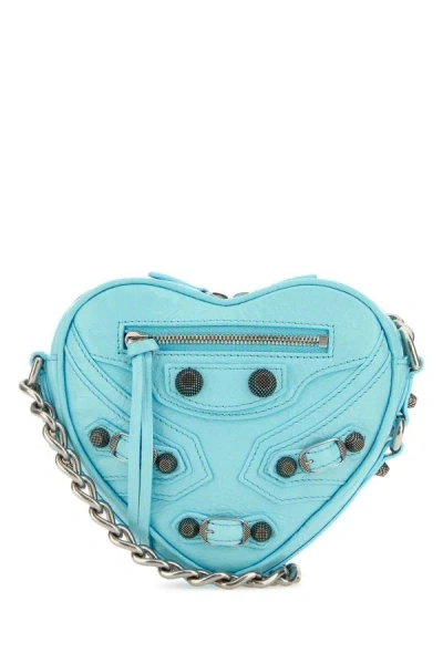 Shop Balenciaga Woman Light Blue Leather Mini Le Cagole Heart Crossbody Bag