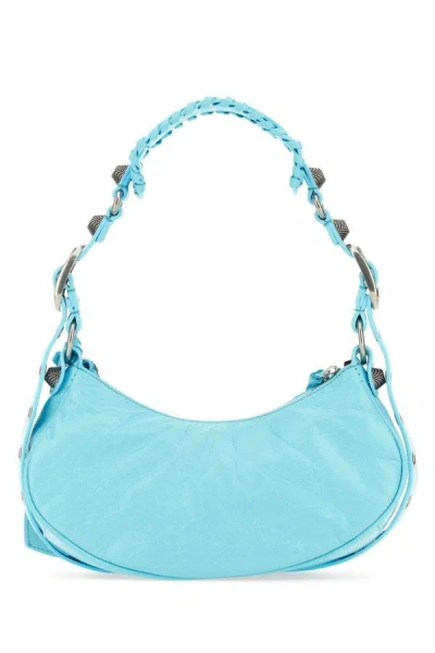 Shop Balenciaga Woman Light Blue Nappa Leather Le Cagole Xs Shoulder Bag