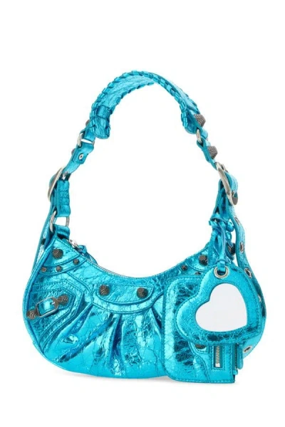 Shop Balenciaga Woman Turquoise Nappa Leather Le Cagole Xs Shoulder Bag In Blue