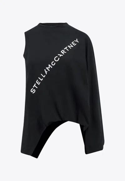 Shop Stella Mccartney Asymmetric Logo Print Crewneck Top In Black