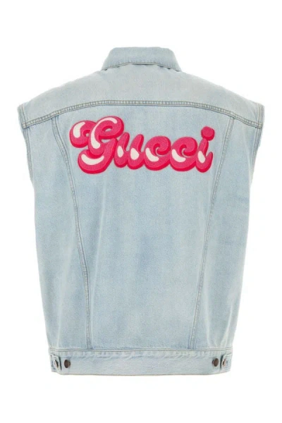 Shop Gucci Man Denim Sleeveless Jacket In Blue