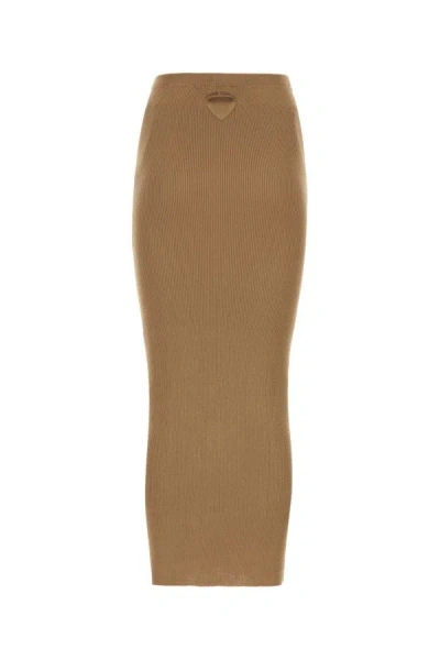 Shop Prada Woman Biscuit Silk Skirt In Brown