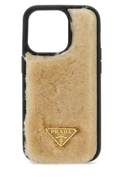Shop Prada Woman Sand Shearling Iphone 14 Pro Cover In Brown